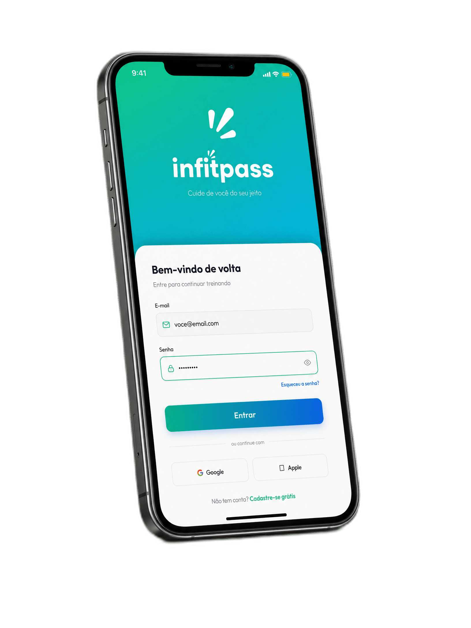 App da InFitpass aberto na tela de login, com a mensagem Bem-vindo de volta.
