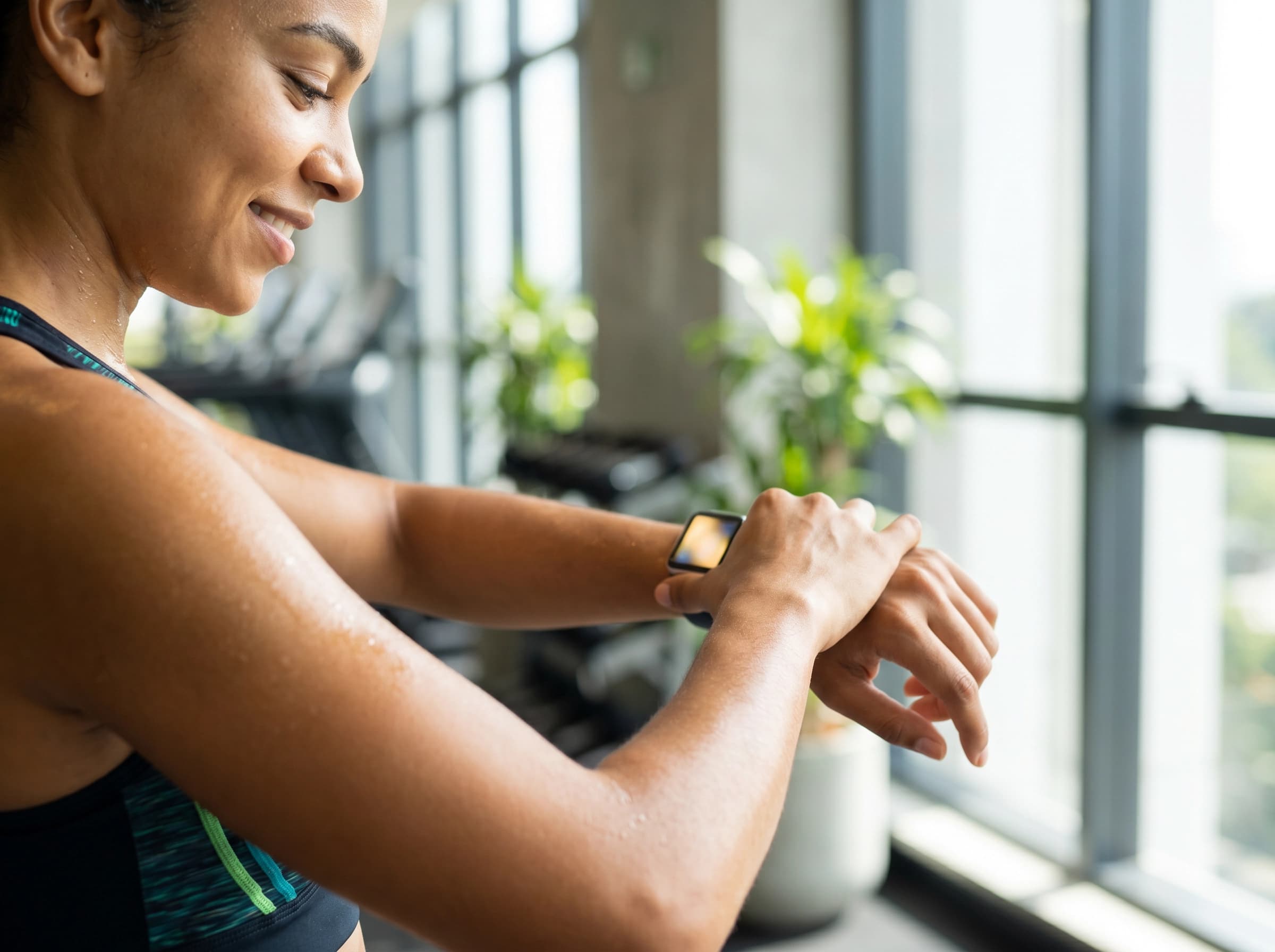 Close de pessoa olhando o smartwatch e o progresso após o treino.