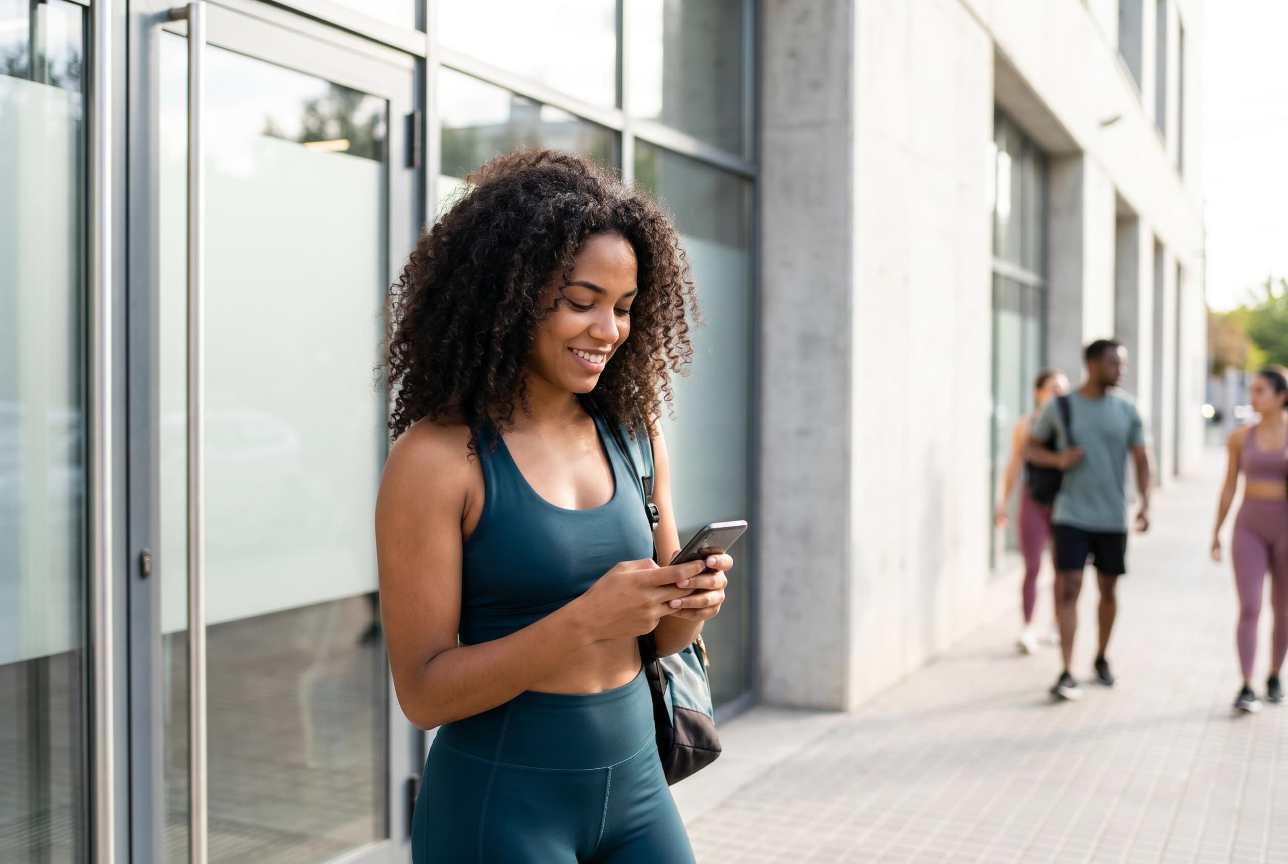 Pessoa com o celular em frente a uma academia, fazendo check-in com expressão de autonomia.